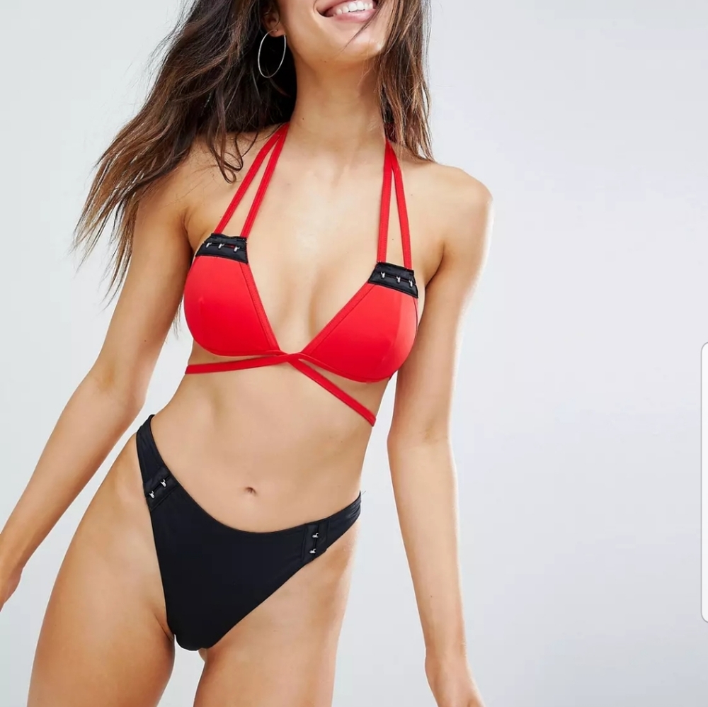 ASOS Black Red Strappy Hook & Eye Triangle Bikini Top & Back Seam String Bottom - Picture 2 of 14